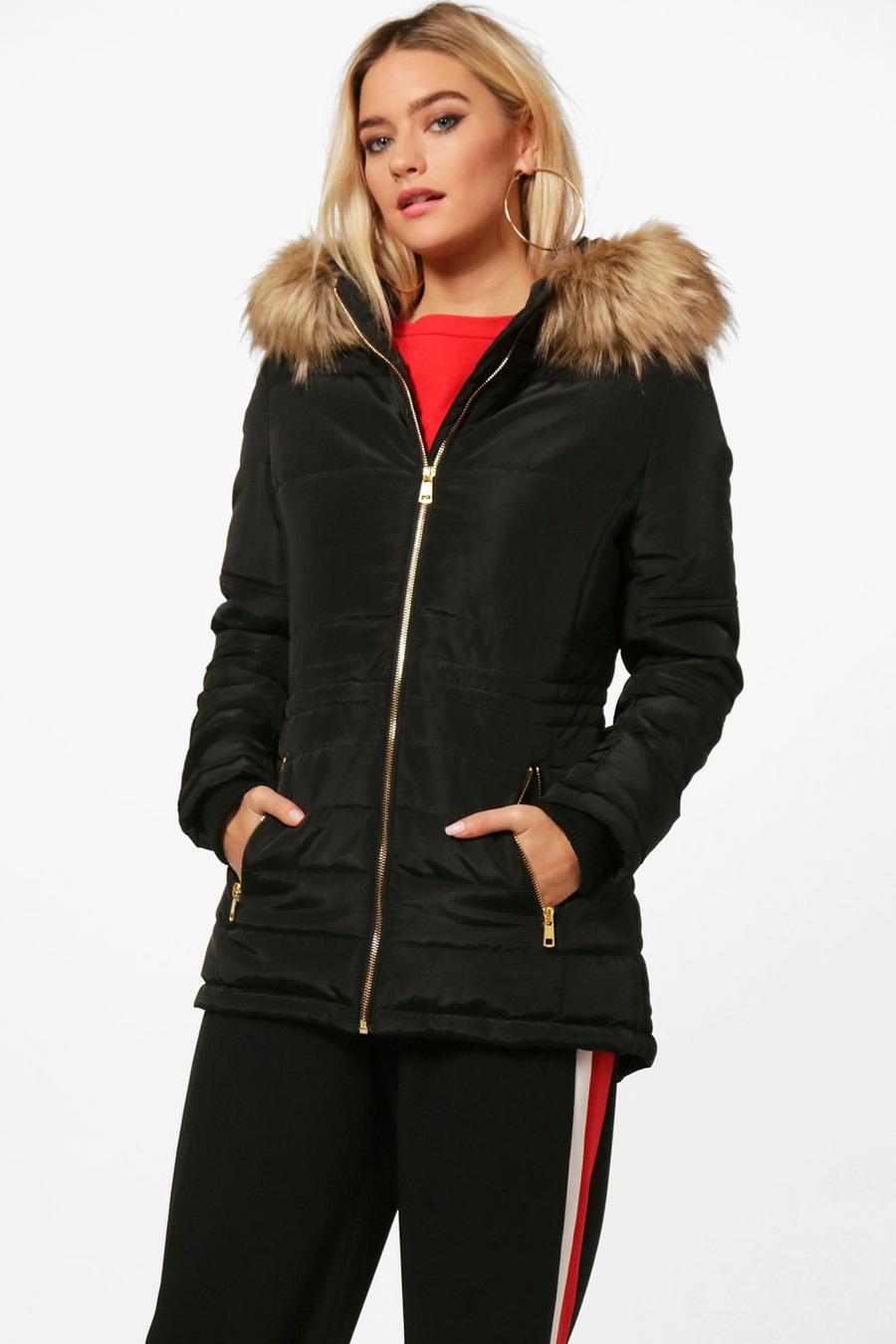Black Quilted Jacket With Faux Fur Trim image number 1