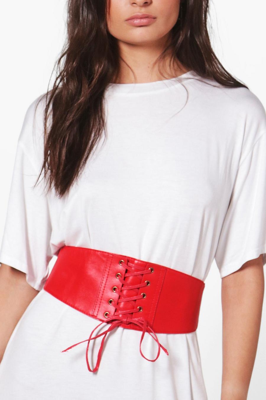 Red PU Lace Up Corset Belt image number 1
