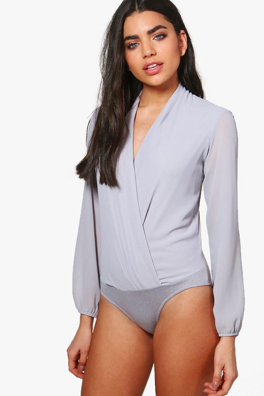 Langärmeliger, drapierter Bodysuit aus Chiffon, Grau image number 1