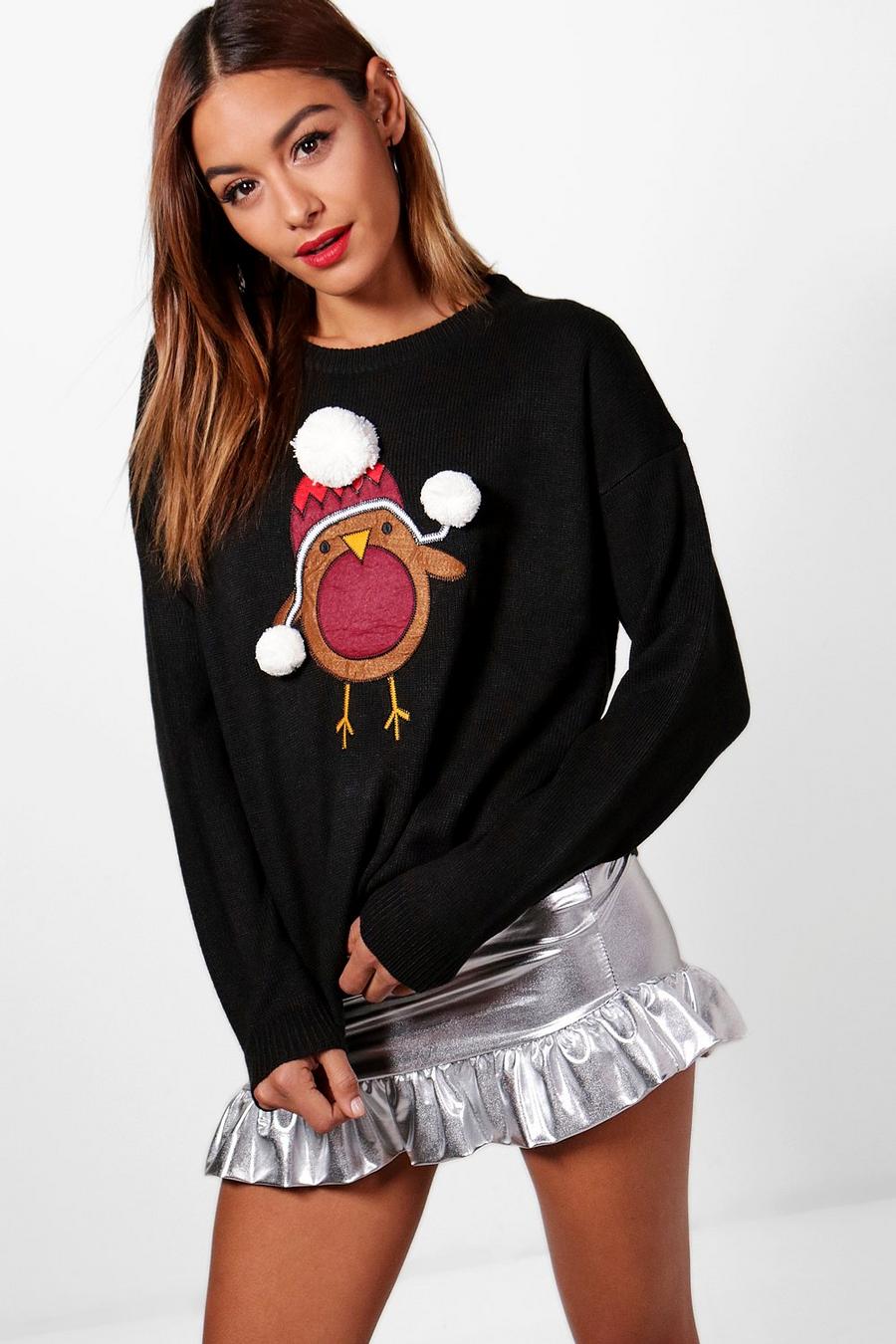 Black Pom Pom Robin Christmas Sweater image number 1