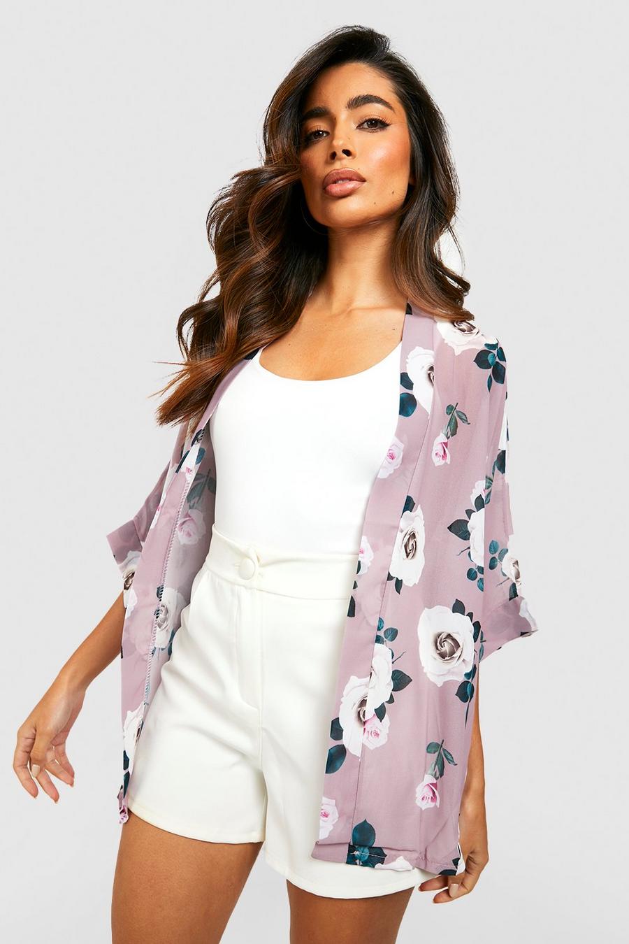 Chiffon-Kimono mit Rosen-Print, Rosé image number 1