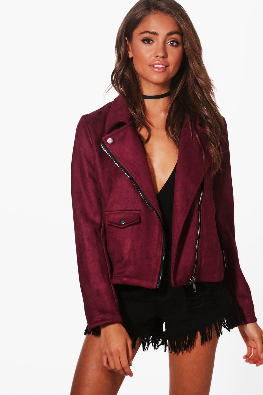 Burgundy Suedette Biker Jacket image number 1