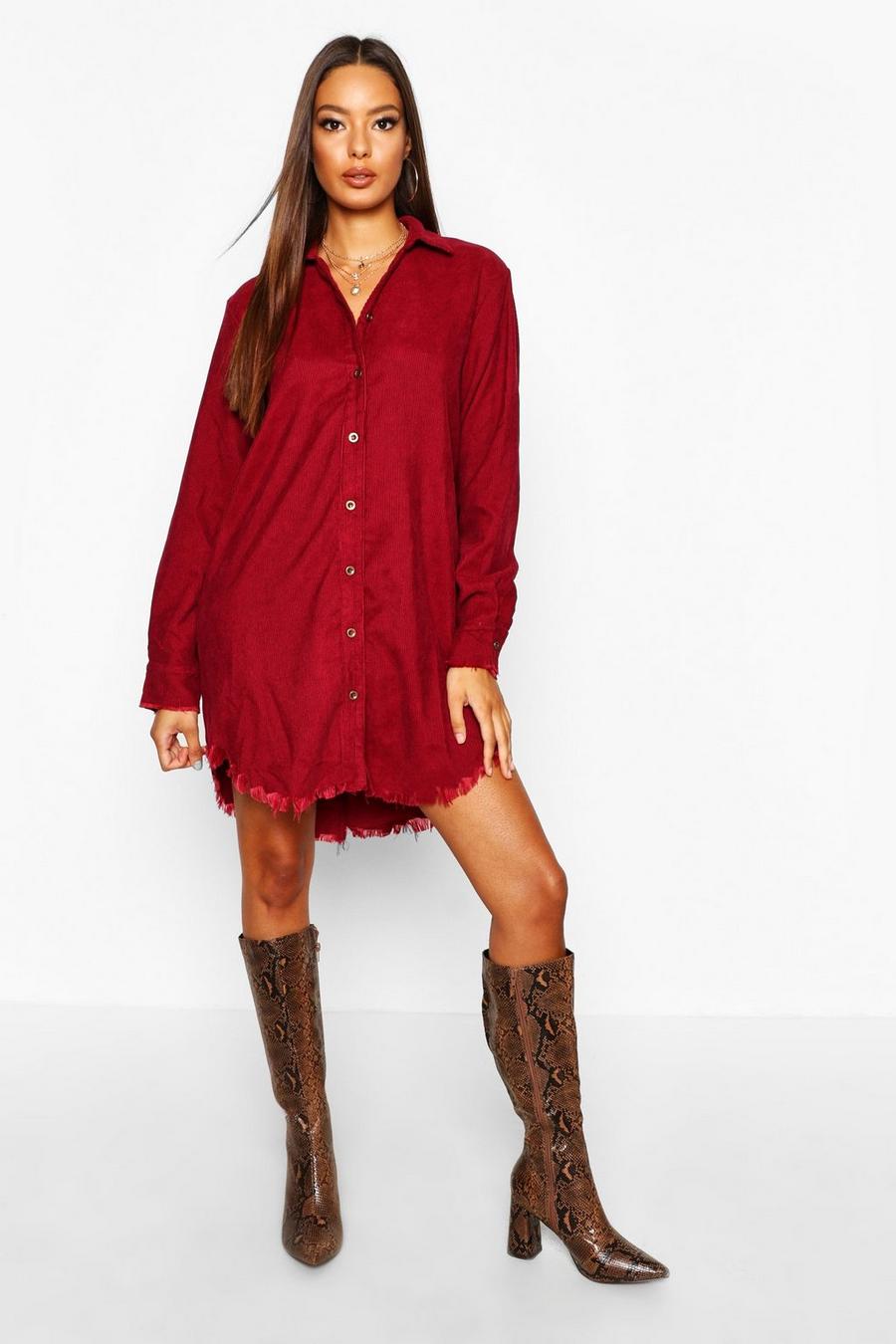 Burgundy Distressed Baby Cord Shirt Dress image number 1