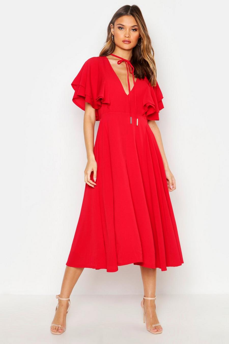 Red Midiklänning med volangärm och knytband image number 1