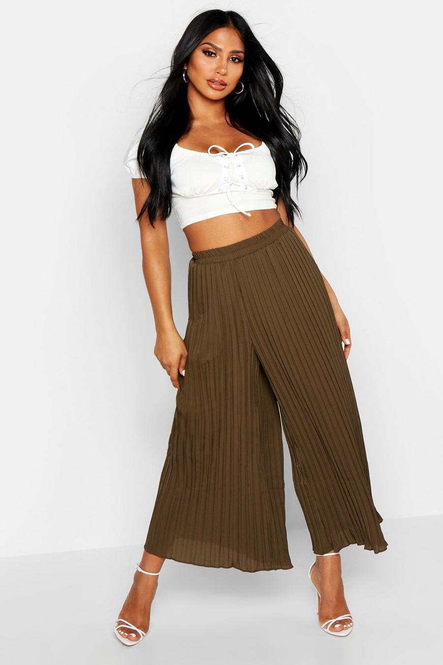 Khaki High Waist Pleated Wide Leg Culottes image number 1