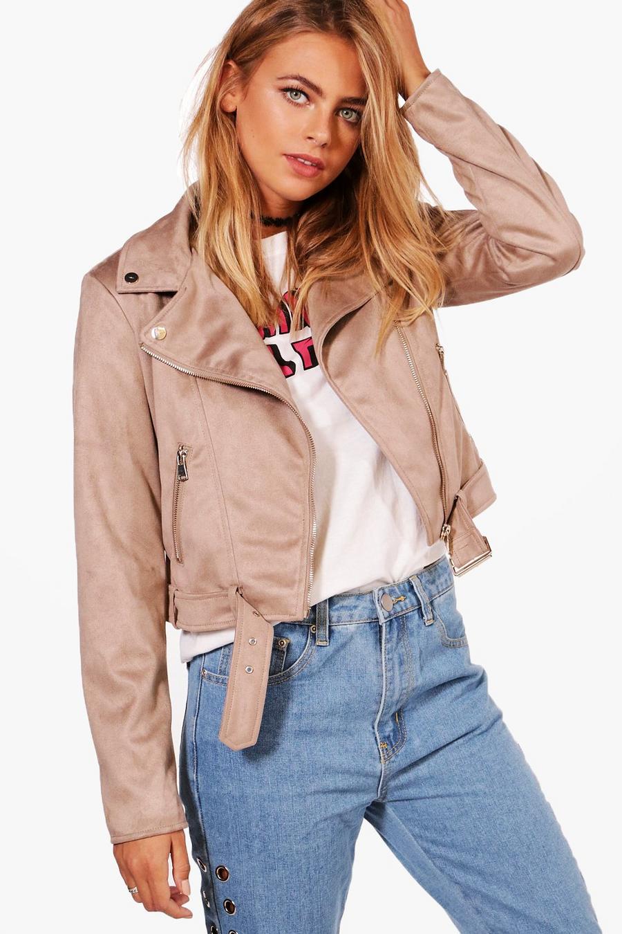 Stone Livia Faux Suede Cropped Belted Moto Jacket image number 1