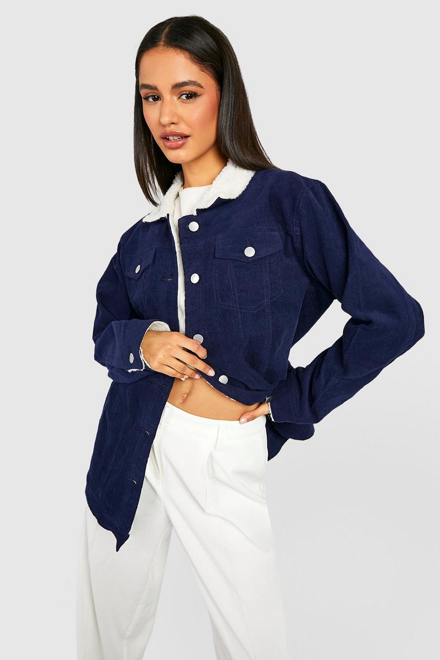 Navy Teddy Detail Longline Cord Jacket image number 1