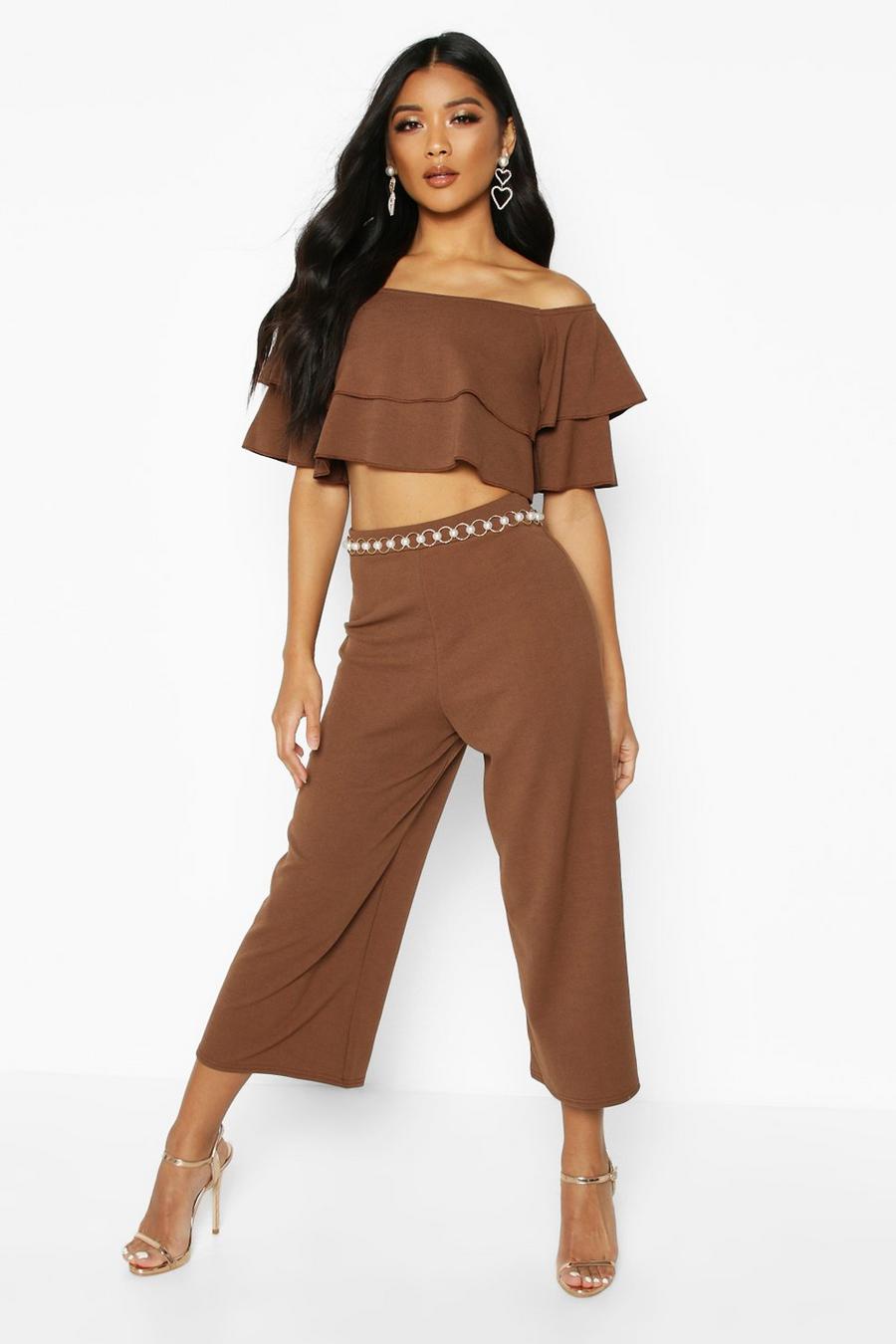 Chocolate Double Bandeau Top And Culotte Co-Ord Set image number 1