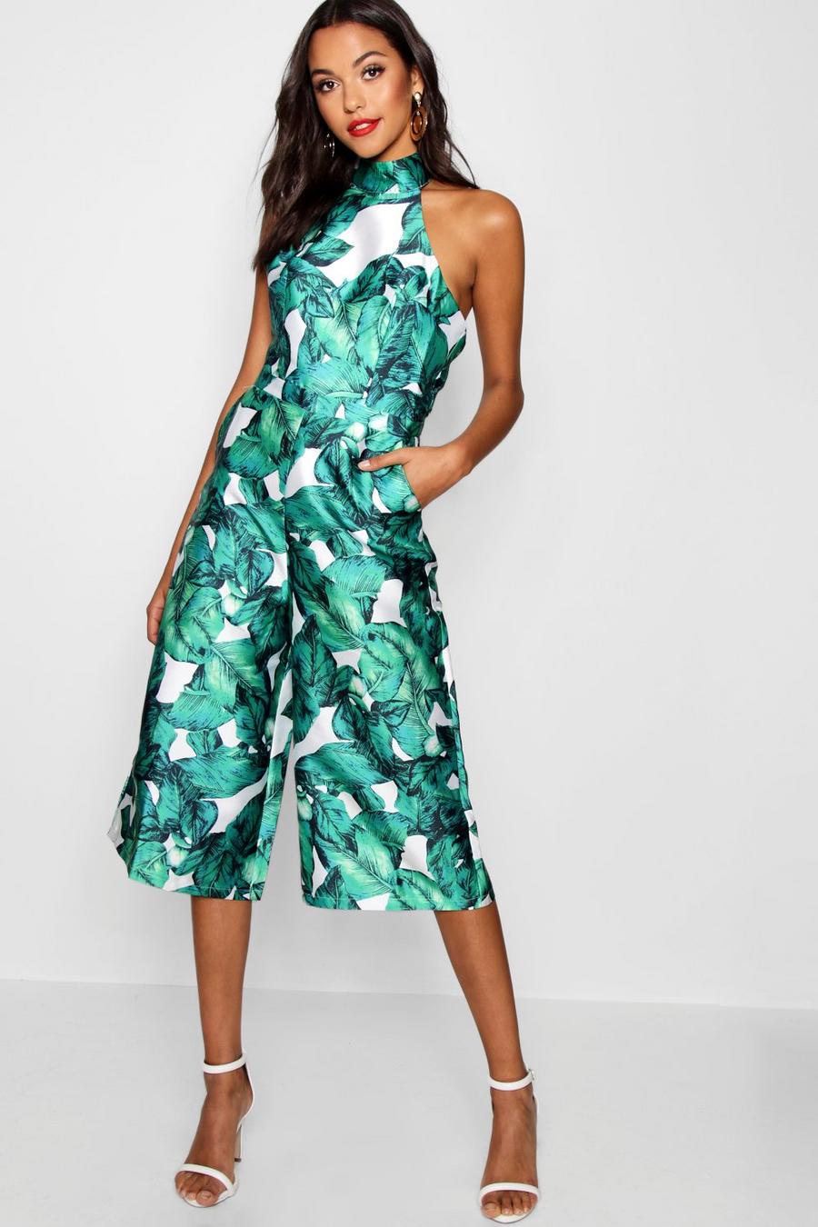 Green Premium Structured Palm Print Jumpsuit image number 1