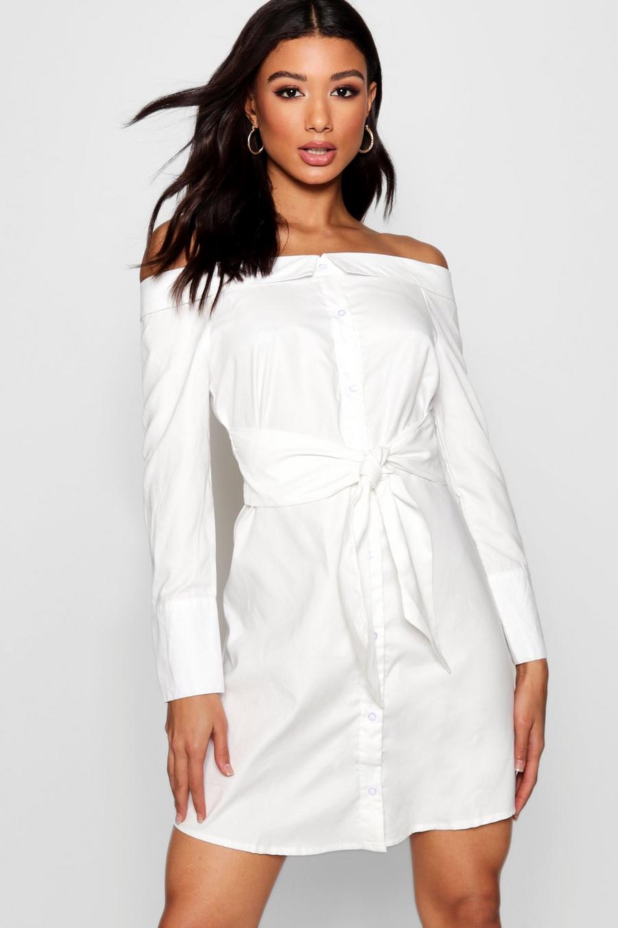 White Skjortklänning med off shoulder-detalj och knytdetalj image number 1