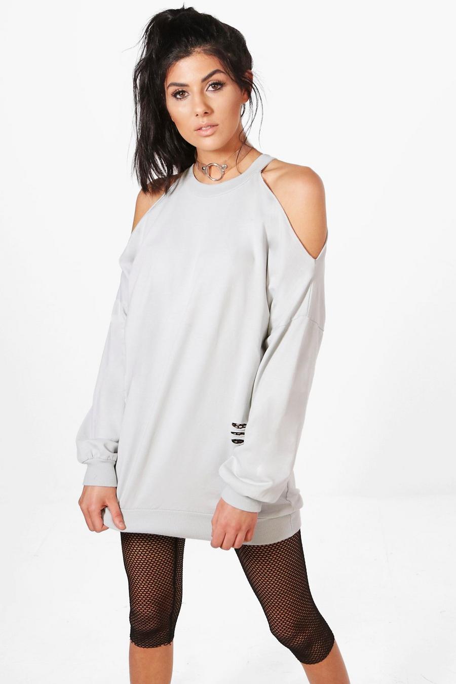 Grey Distressed Cold Shoulder Sweatshirt image number 1