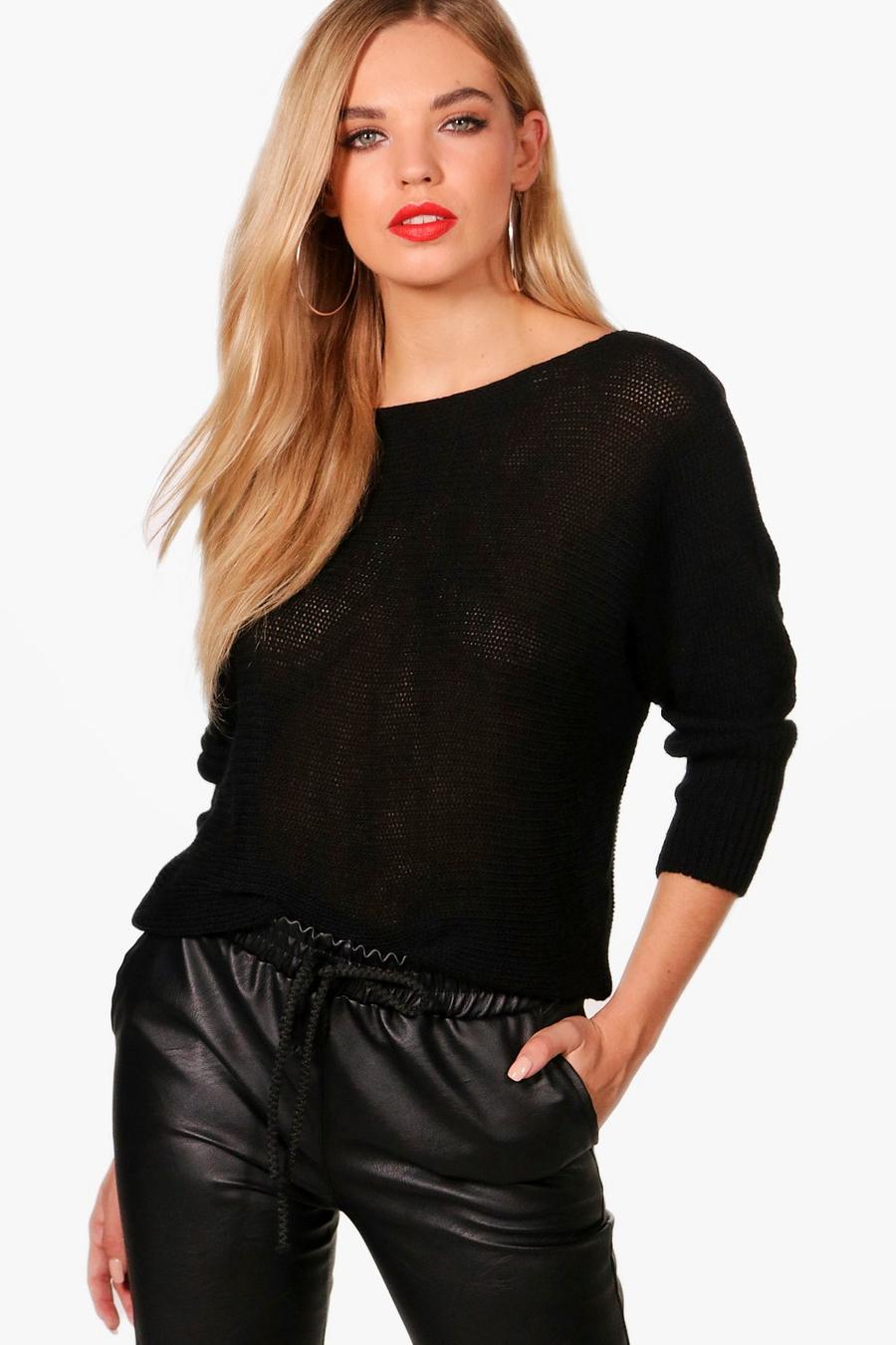 Black Fine Knit Batwing Sweater image number 1