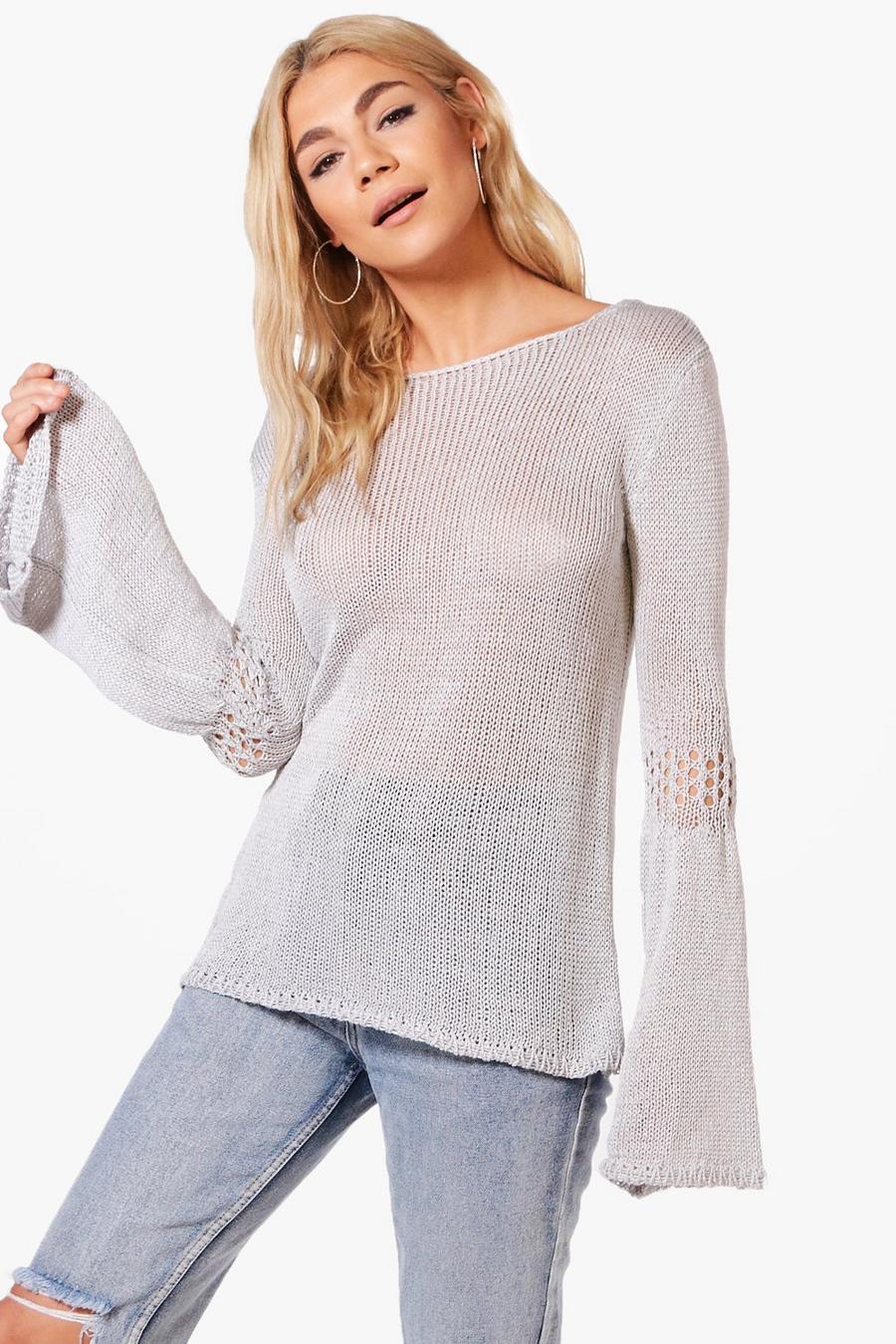 Grey Erica Flared Sleeve Loose Knit Sweater image number 1