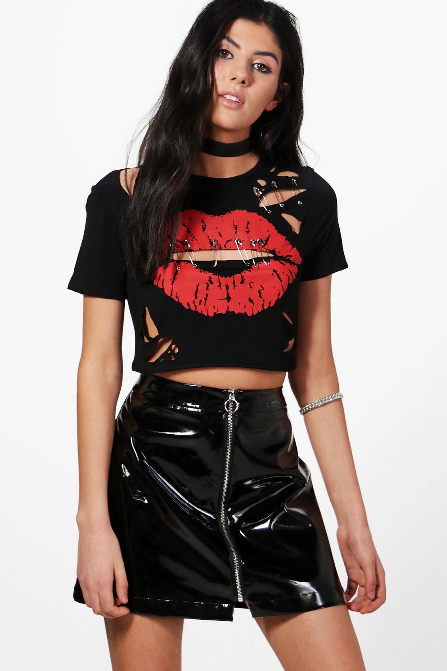 Alexia Kiss Print Distressed Safety Pin Crop image number 1