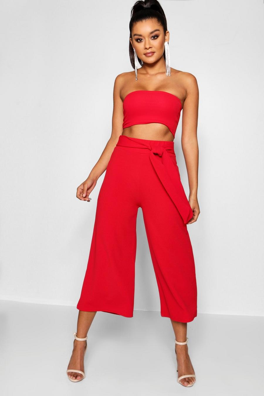 Red Tie Waist Culotte Co-Ord Set image number 1