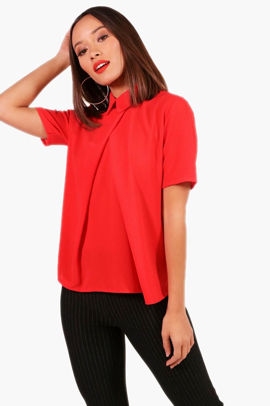 Red Short Sleeve Chiffon Blouse image number 1