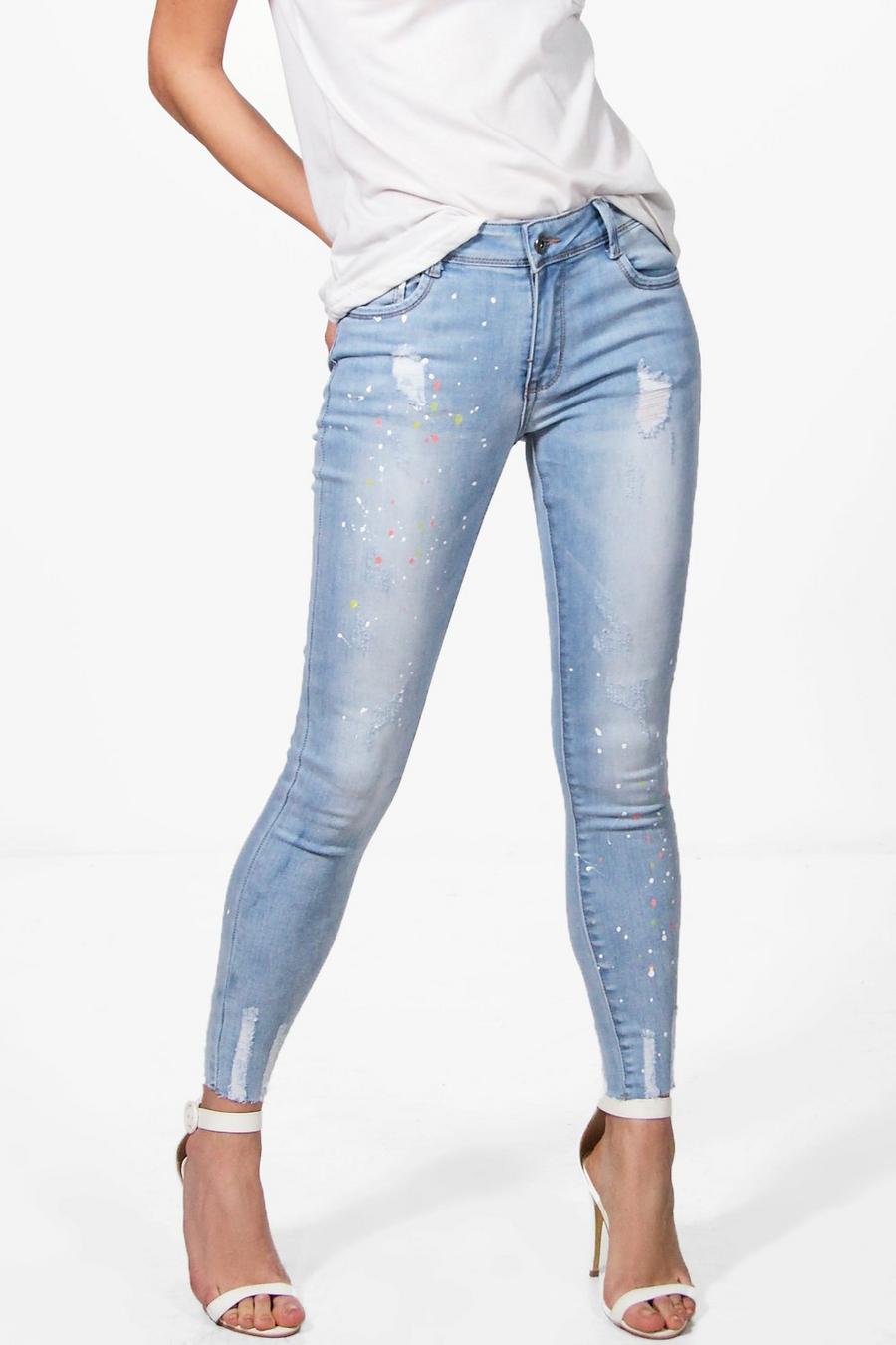 Mid blue Hayley Mid Rise Paint Splatter Skinny Jeans image number 1