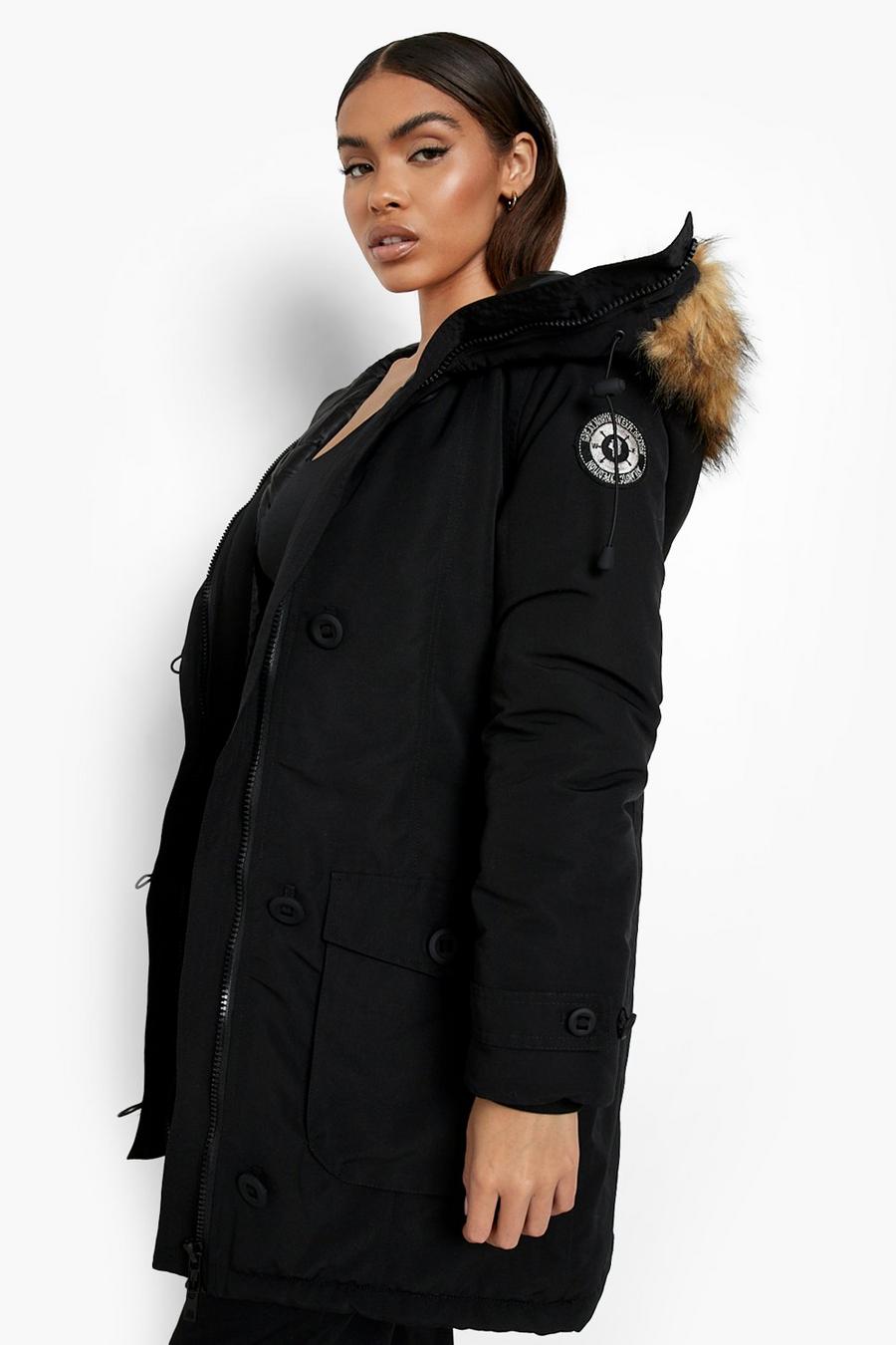 Black Faux Fur Trim Hooded Padded Jacket image number 1