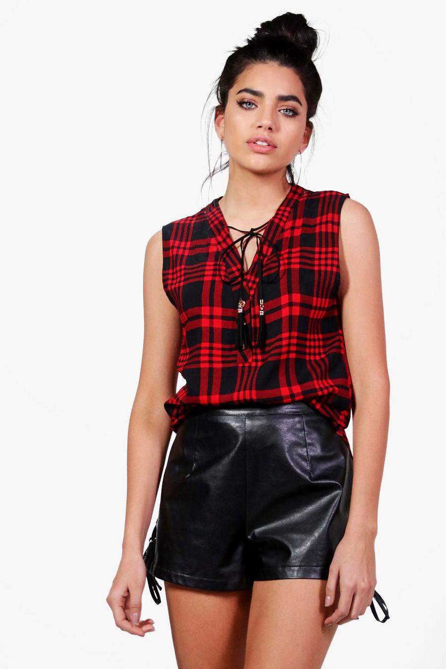 Black Natalie Plaid Top With Lace Up Detail image number 1