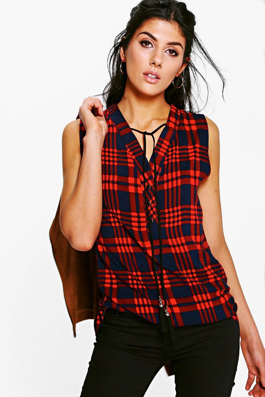 Navy Natalie Plaid Top With Lace Up Detail image number 1