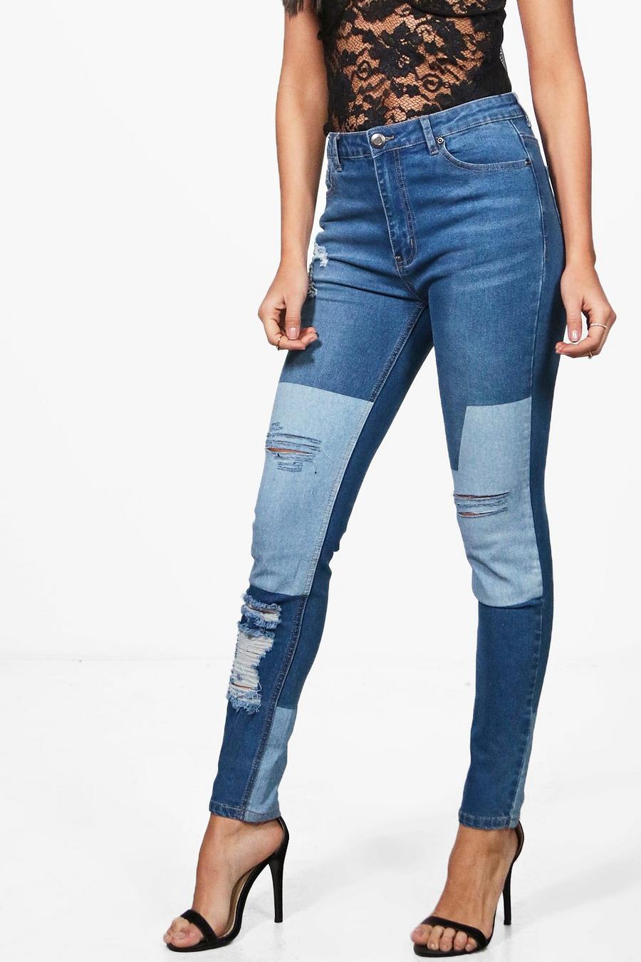 Mid blue Sarah Mid Rise Two Tone Distressed Skinny Jeans image number 1