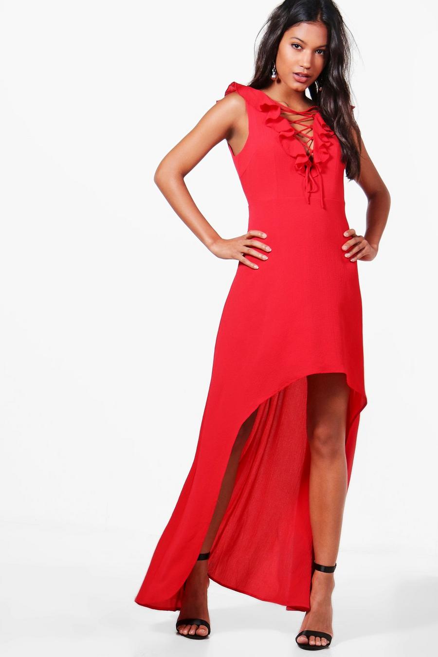 Red Lace Up Ruffle High Low Maxi Dress image number 1