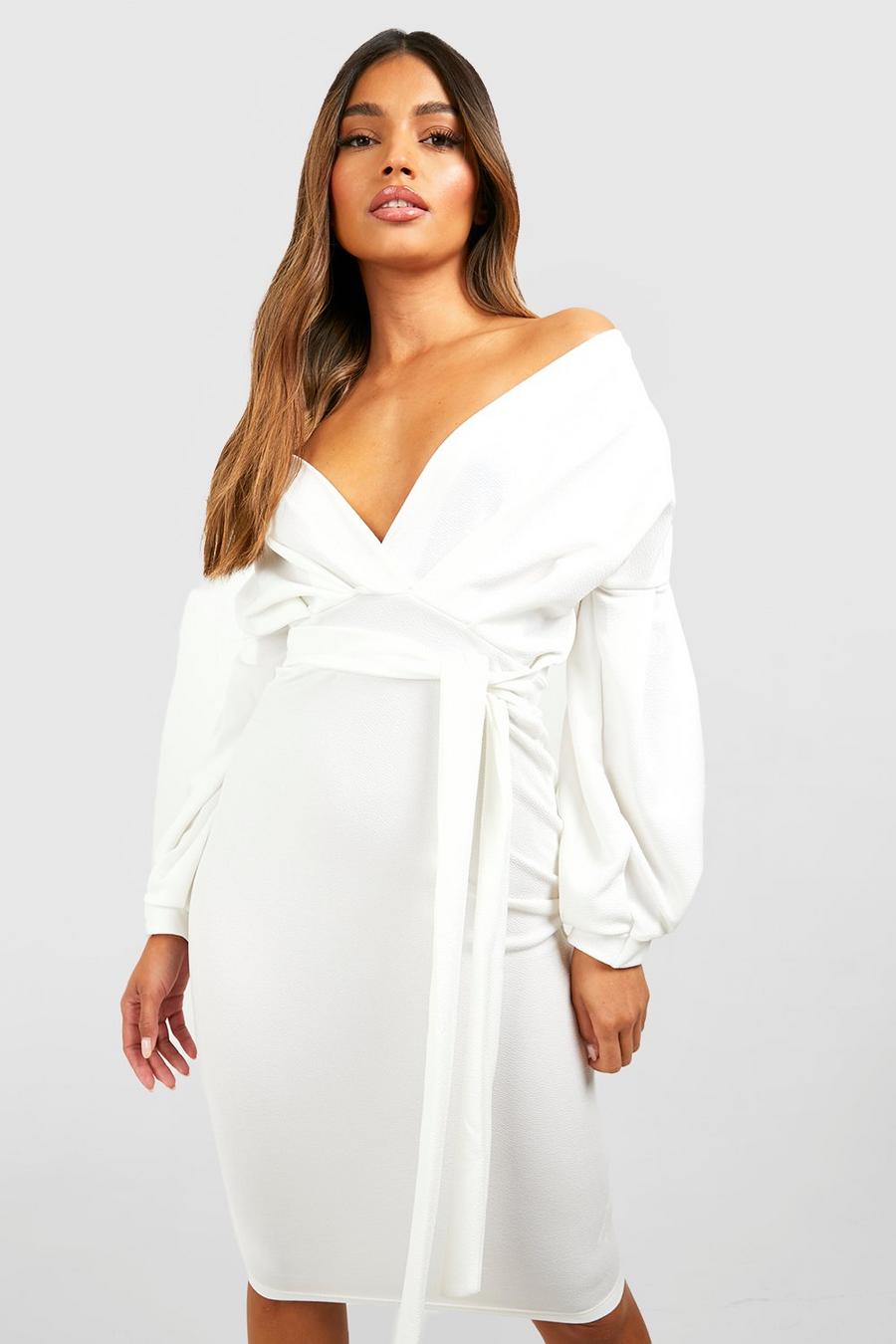 Ivory Off The Shoulder Wrap Midi Bodycon Dress image number 1
