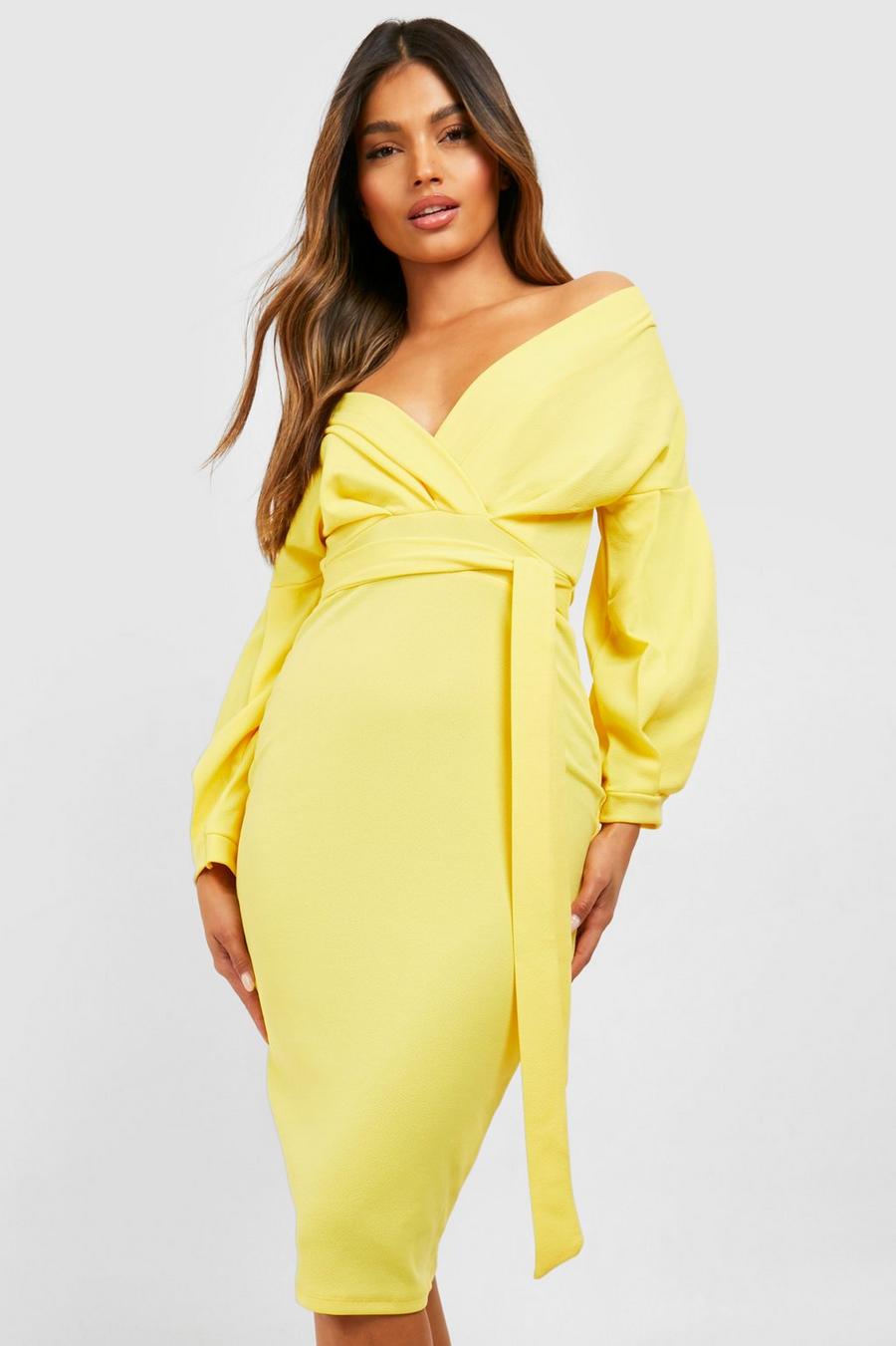 Yellow Off The Shoulder Wrap Midi Bodycon Dress image number 1