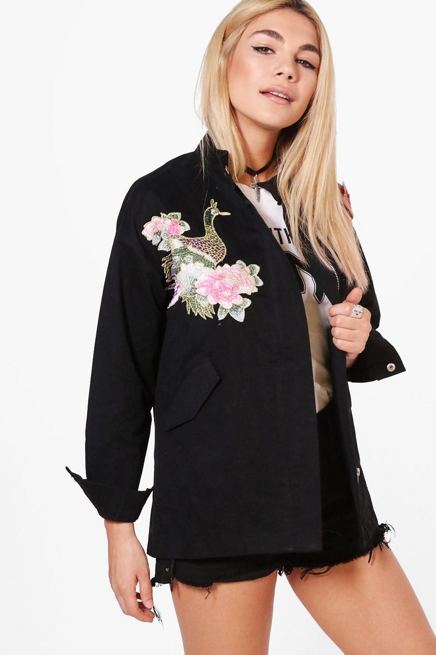 Black Lucy Boutique Floral Embroidered Utility Jacket image number 1