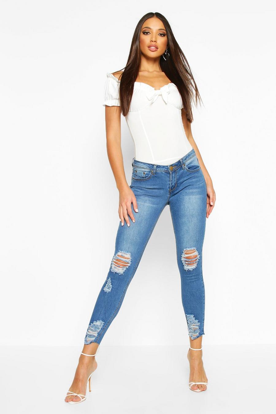 Mid blue Ankellånga skinny jeans med slitna detaljer och hög midja image number 1