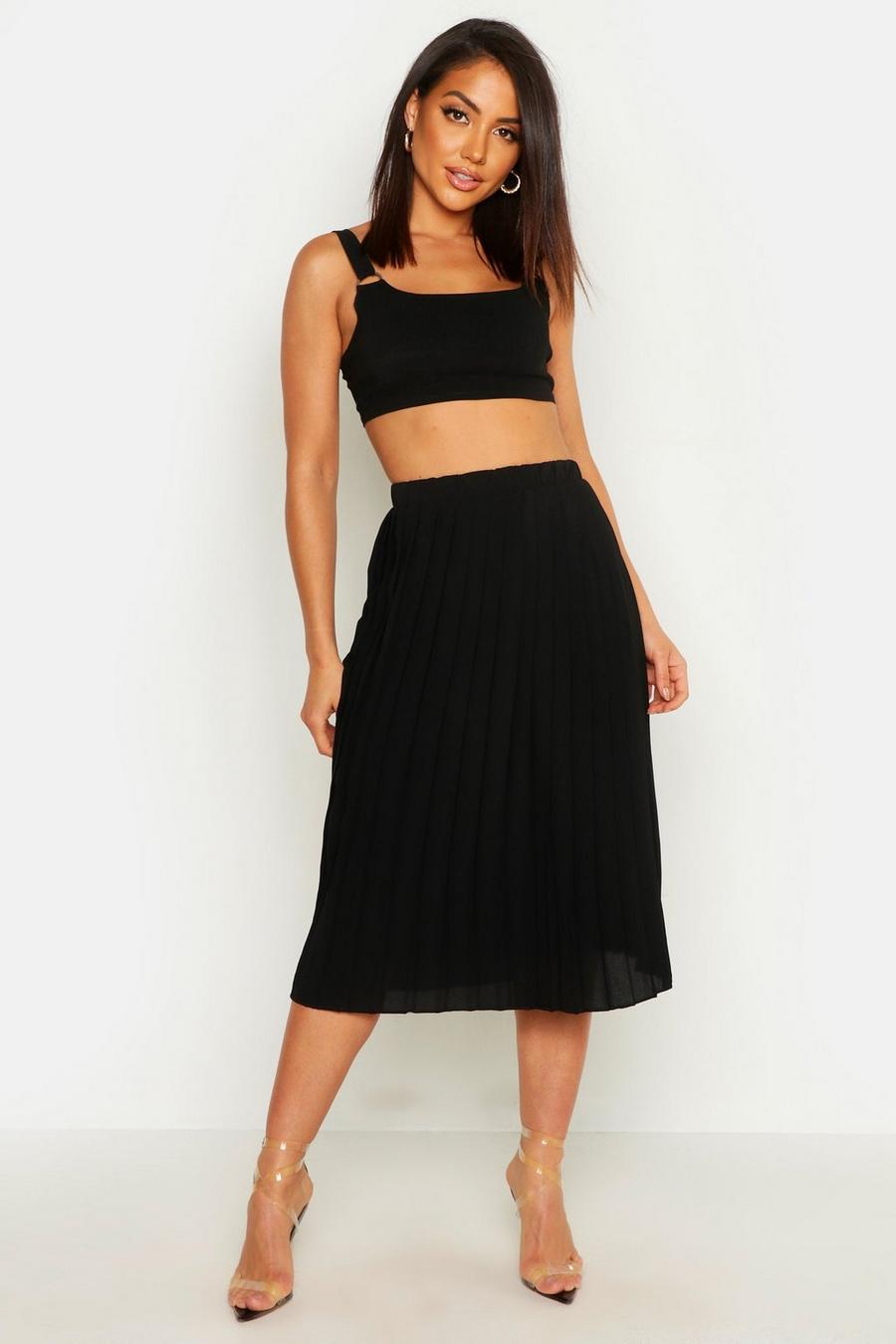 Black Crepe Pleated Midi Skirt image number 1