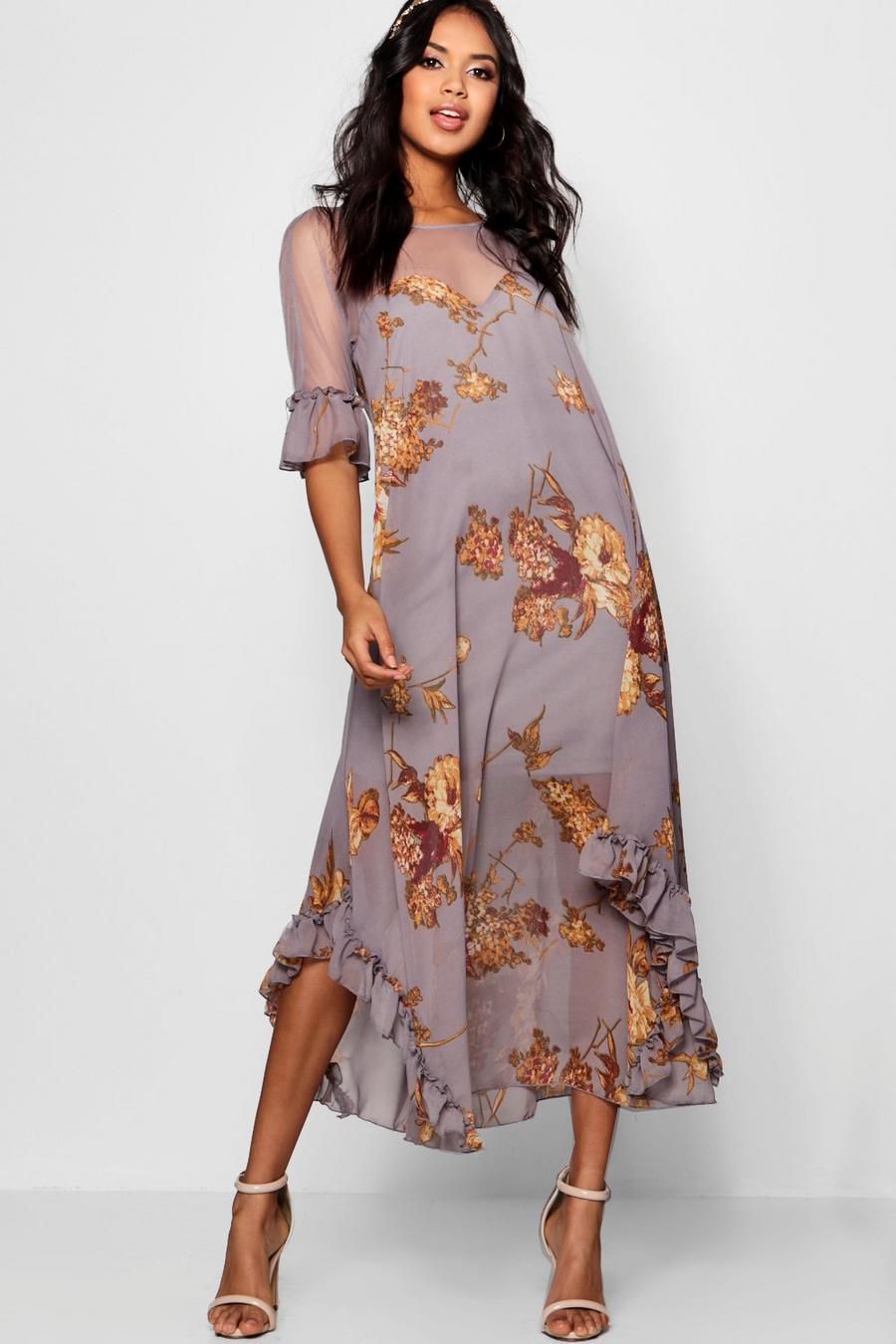 Boutique robe maxi florale à volants, Gris image number 1