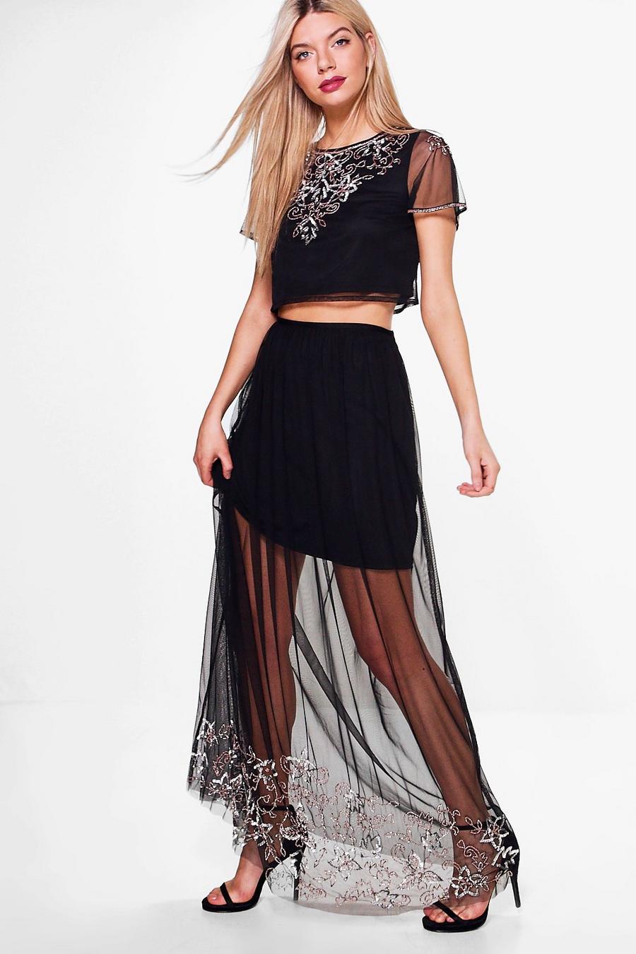 Black Boutique Mesh Embellished Skirt & Crop Co-Ord image number 1