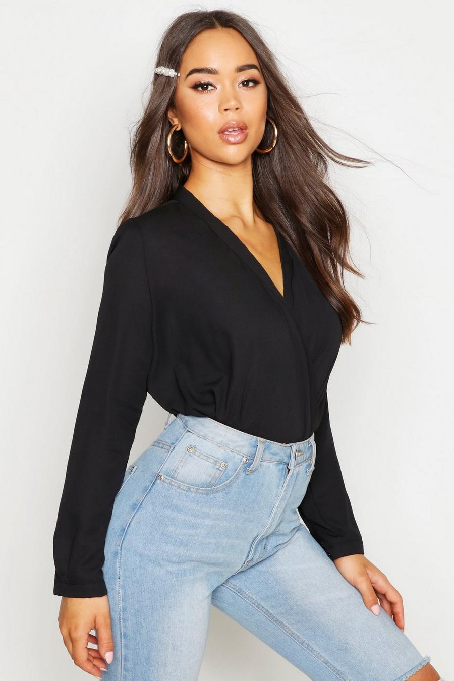 Black Draped Long Sleeve Blouse image number 1