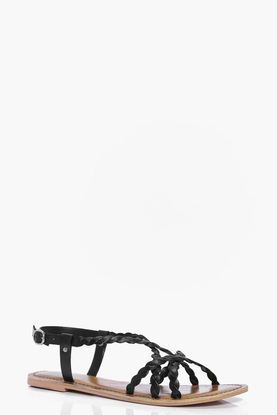 Sandalias de cuero con tira trenzada, Negro image number 1