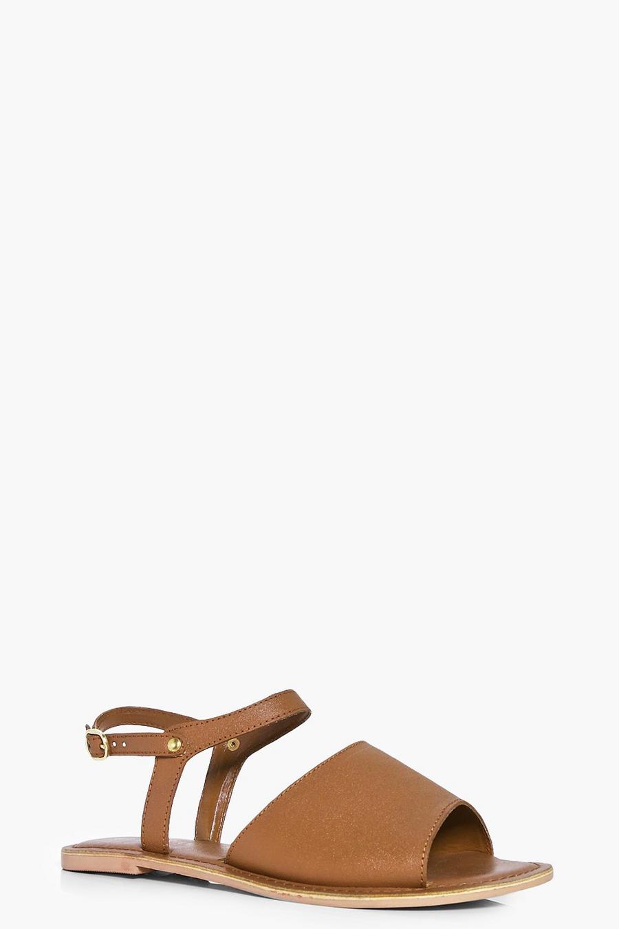 Tan Peeptoe Ankle Strap Leather Flat Mule Sandals image number 1