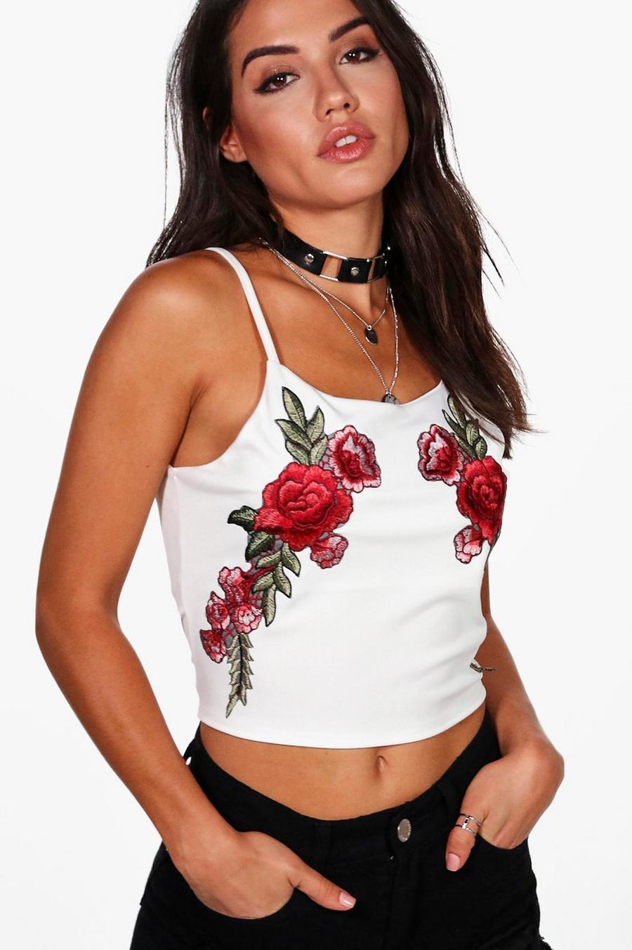 White Geborduurde Bloemenprint Crop Top image number 1