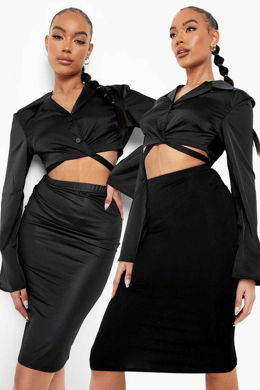 Black 2 Pack Faux Leather And Jersey Knit Midi Skirt image number 1