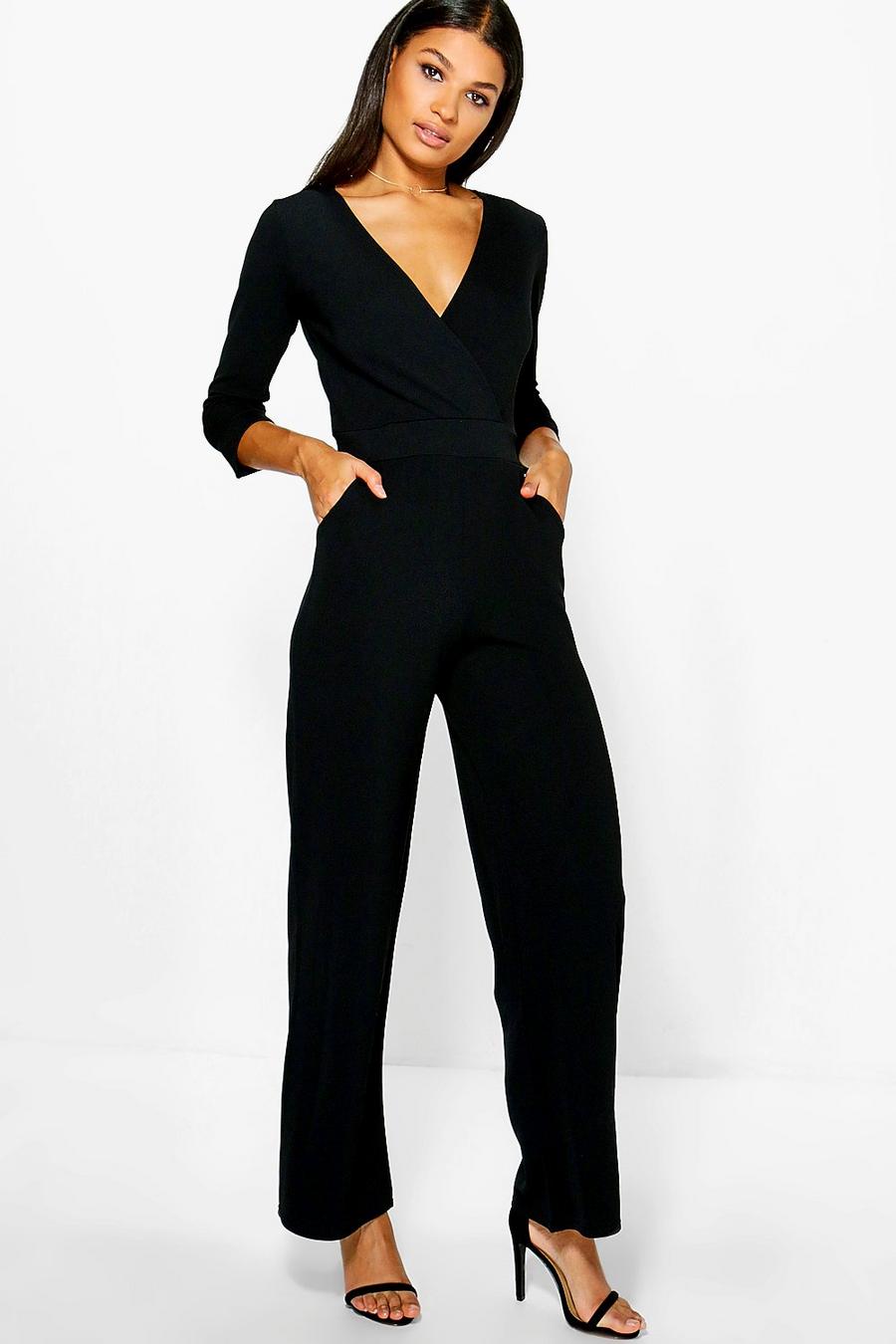 Black Roll Sleeve Relaxed Wide Leg Jumpsuit image number 1