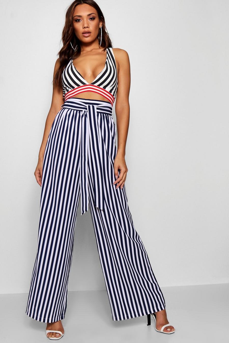 Navy Tie Waist Striped Wide Leg Trousers image number 1