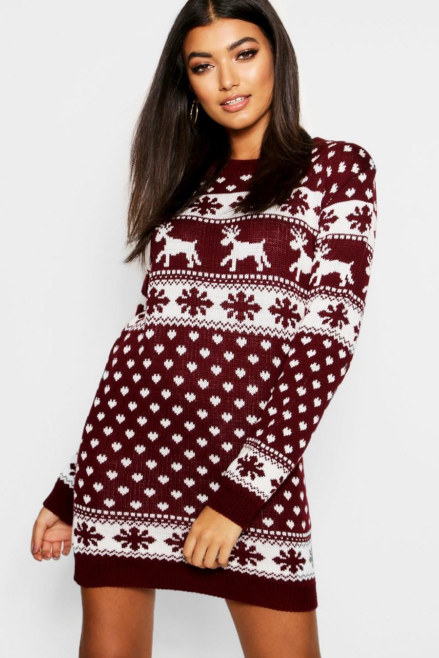 Weihnachts-Pulloverkleid mit Rentier und Schneeflocken, Wine image number 1
