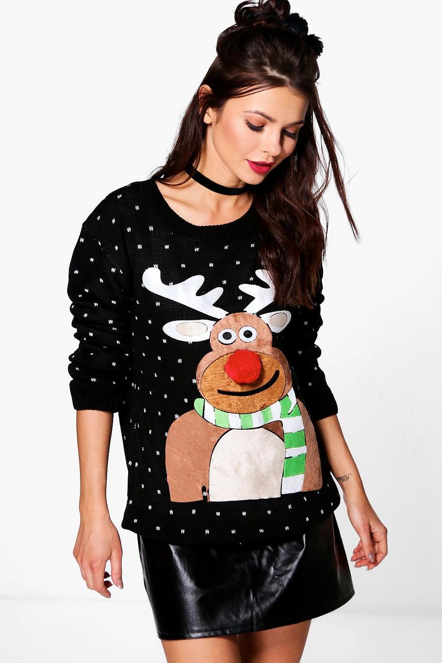 Black Reindeer Pom Pom Christmas Jumper image number 1