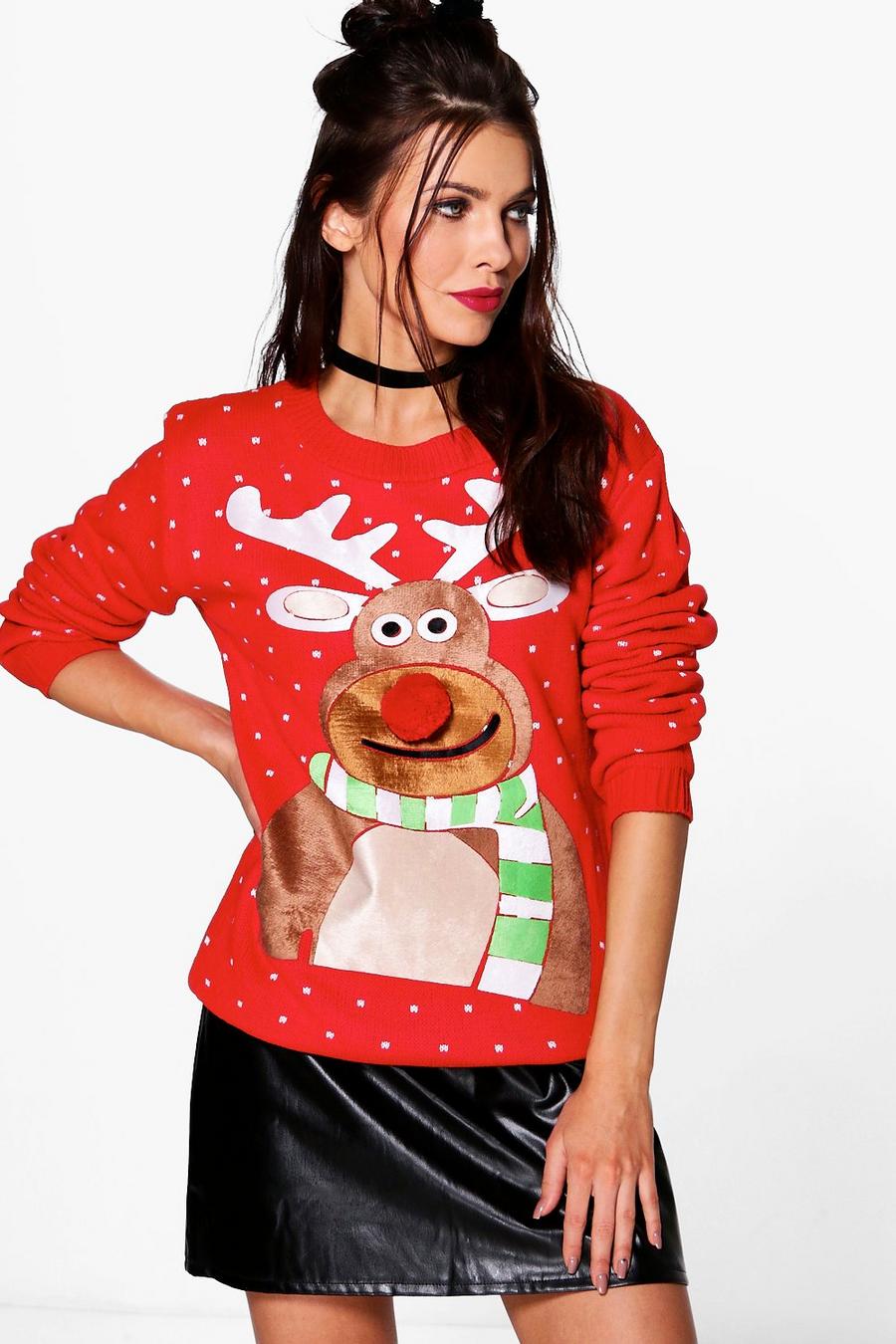 Red Reindeer Pom Pom Christmas Sweater image number 1