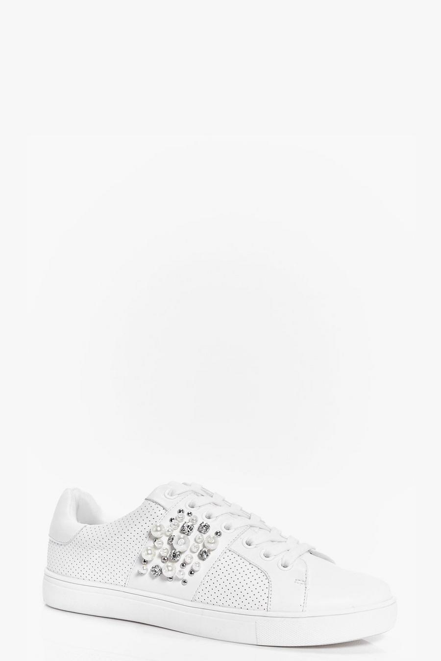 White Pearl And Diamante Trim Lace Up Trainers image number 1