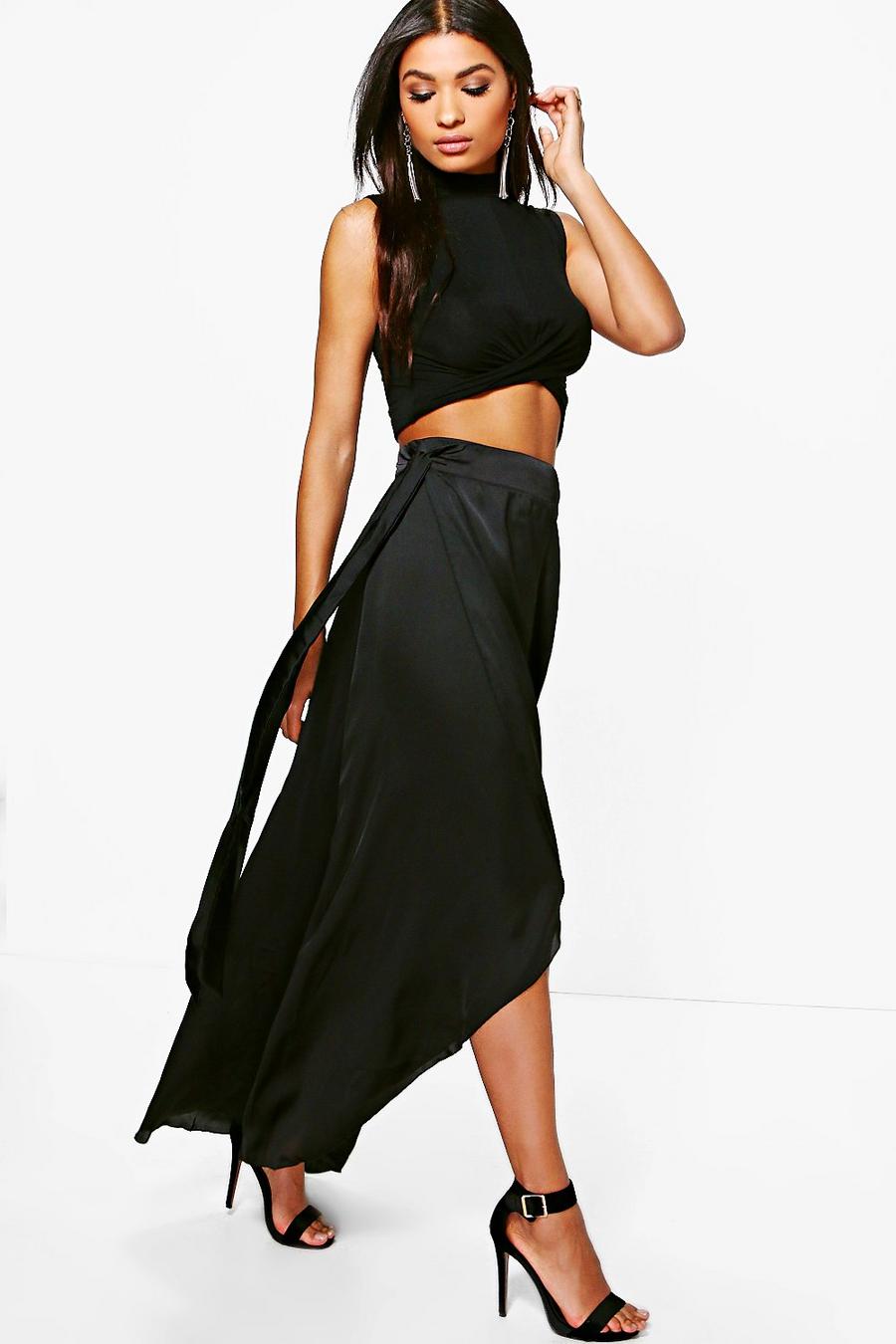 Lola Wrap Front Dip Hem Satin Maxi Skirt image number 1