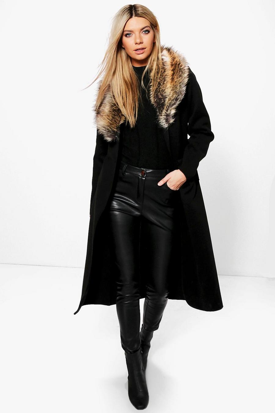 Manteau cache-cœur avec col en fausse fourrure, Noir image number 1