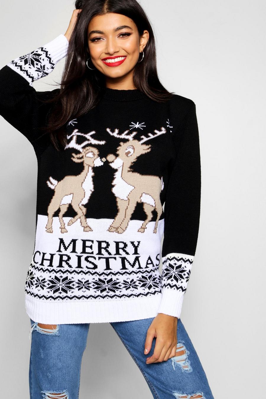 Black Two Reindeers Merry Christmas Sweater image number 1