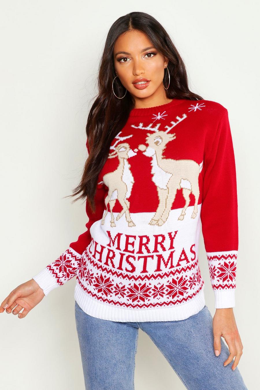 Red Two Reindeers Merry Christmas Jumper image number 1