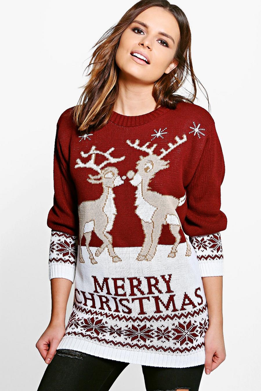 Wine Two Reindeers Merry Christmas Sweater image number 1