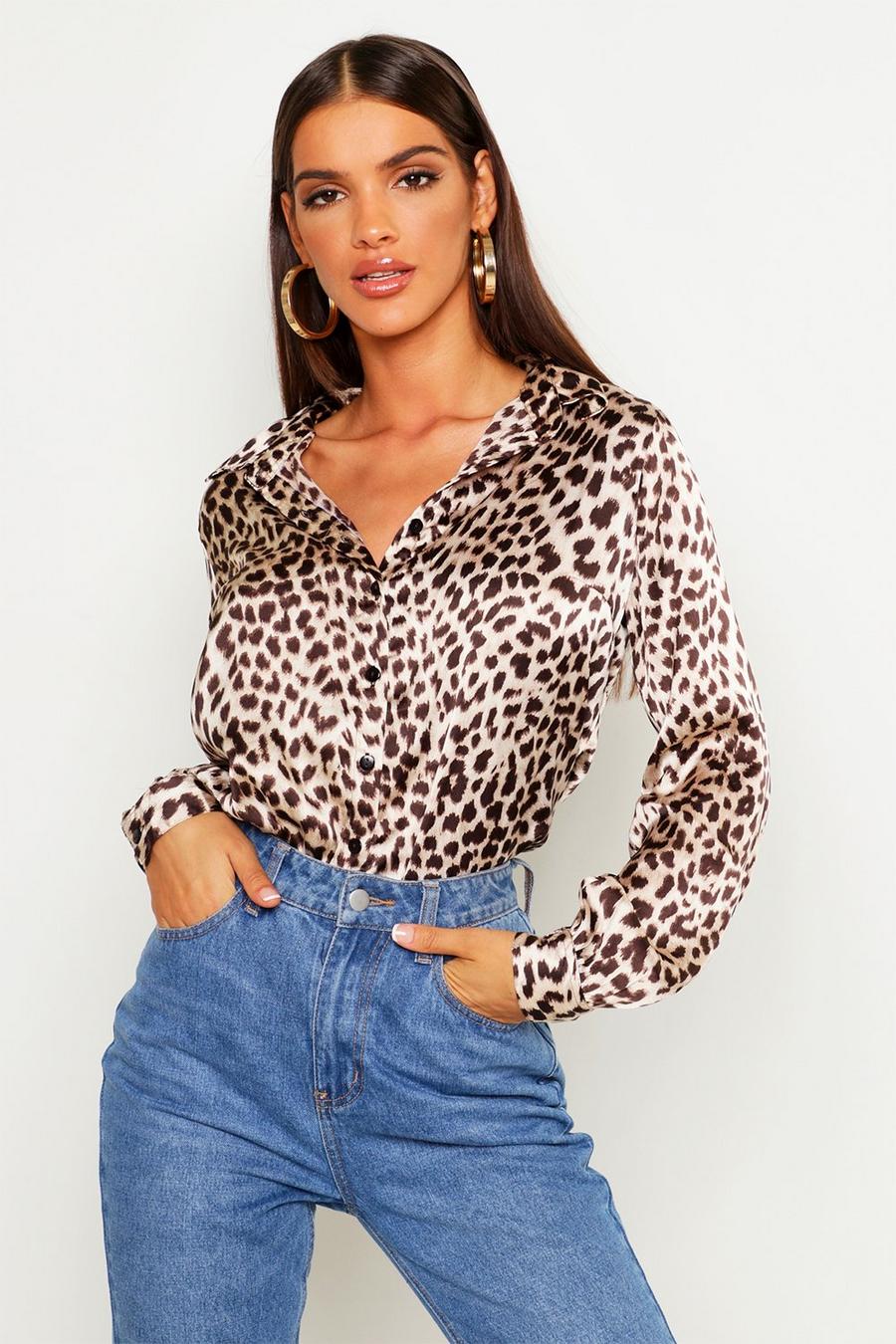 Camicia effetto seta leopardata, Marrone image number 1